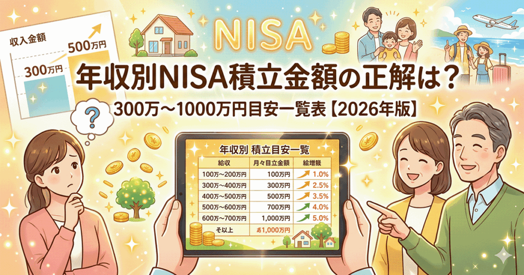 年収別の新NISA積立金額の目安を一覧表で確認する家族や夫婦のイラスト。「年収別NISA積立金額の正解は？300万〜1000万円目安一覧表【2026年版】」の文字と、タブレットに表示された目安表、明るい未来を想像させる家や旅行のモチーフが描かれています。