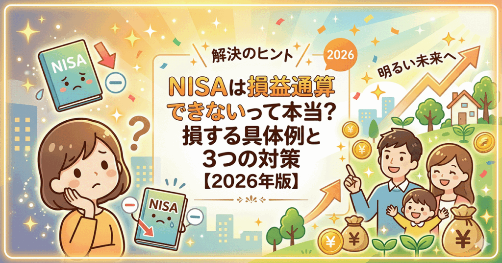 NISAの損益通算ができないという疑問に悩む女性と、対策をして明るい未来を迎える家族のイラスト