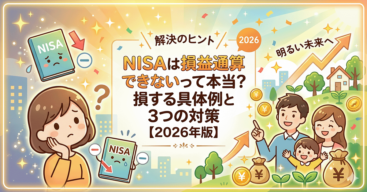 NISAの損益通算ができないという疑問に悩む女性と、対策をして明るい未来を迎える家族のイラスト