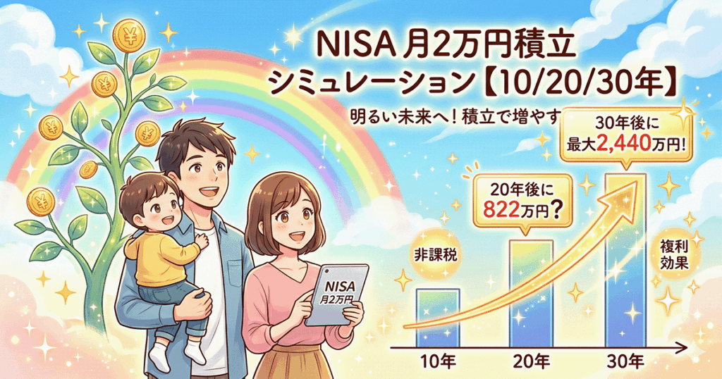 NISAで月2万円を10年・20年・30年積み立てたシミュレーション結果。20年後に822万円、30年後に最大2,440万円に増える複利効果と明るい未来のイメージ
