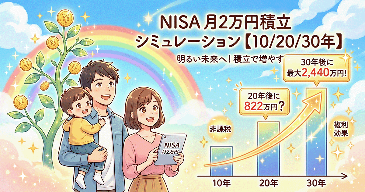 NISAで月2万円を10年・20年・30年積み立てたシミュレーション結果。20年後に822万円、30年後に最大2,440万円に増える複利効果と明るい未来のイメージ