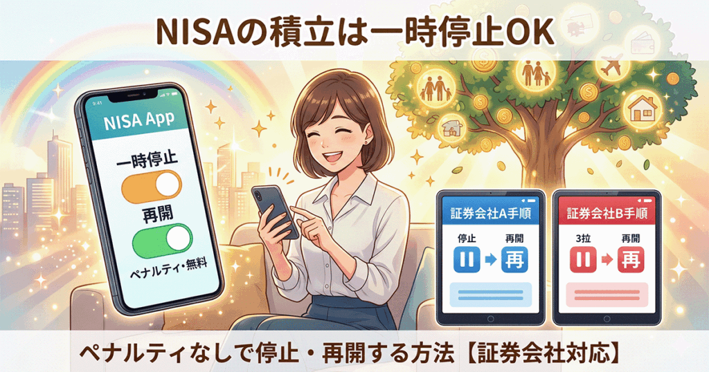 NISA積立の「一時停止・再開」がスマホで簡単にできることを表現したアイキャッチ画像。笑顔でスマホを操作する女性と、豊かに育つお金の木、明るい未来を示す虹や光が描かれています。