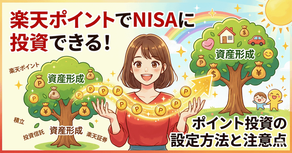 「楽天ポイントでNISAに投資できる！」というタイトルと、笑顔の女性、ポイントが資産として成長していく木が描かれたアイキャッチ画像