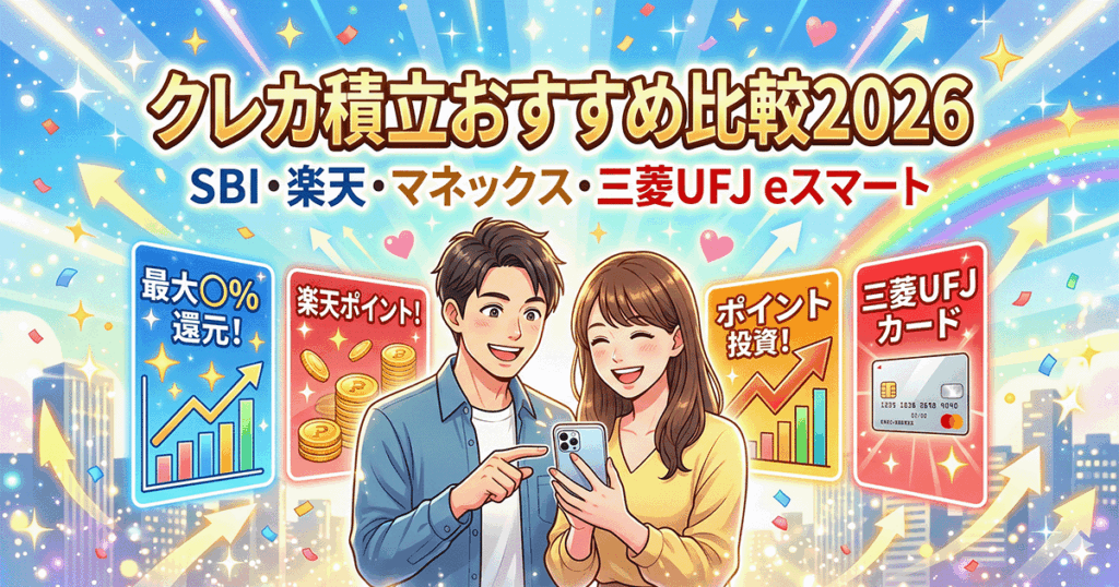 2026年最新版クレカ積立おすすめ4社（SBI・楽天・マネックス・三菱UFJ eスマート）を比較し、笑顔でスマホを見る男女のイラスト