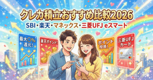 2026年最新版クレカ積立おすすめ4社（SBI・楽天・マネックス・三菱UFJ eスマート）を比較し、笑顔でスマホを見る男女のイラスト