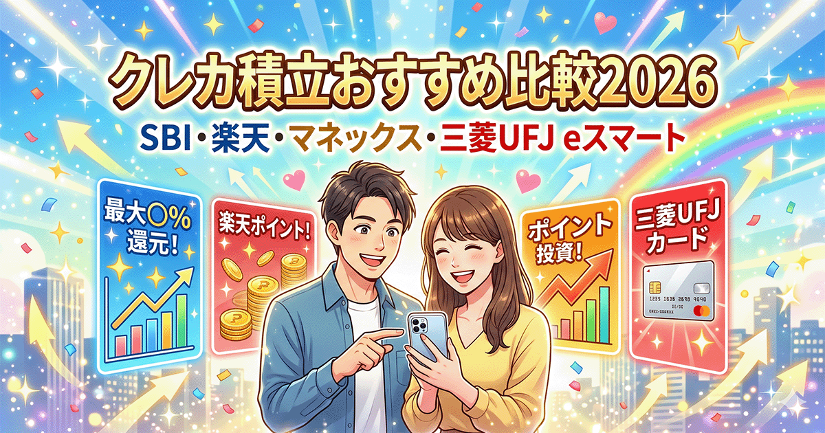 2026年最新版クレカ積立おすすめ4社（SBI・楽天・マネックス・三菱UFJ eスマート）を比較し、笑顔でスマホを見る男女のイラスト