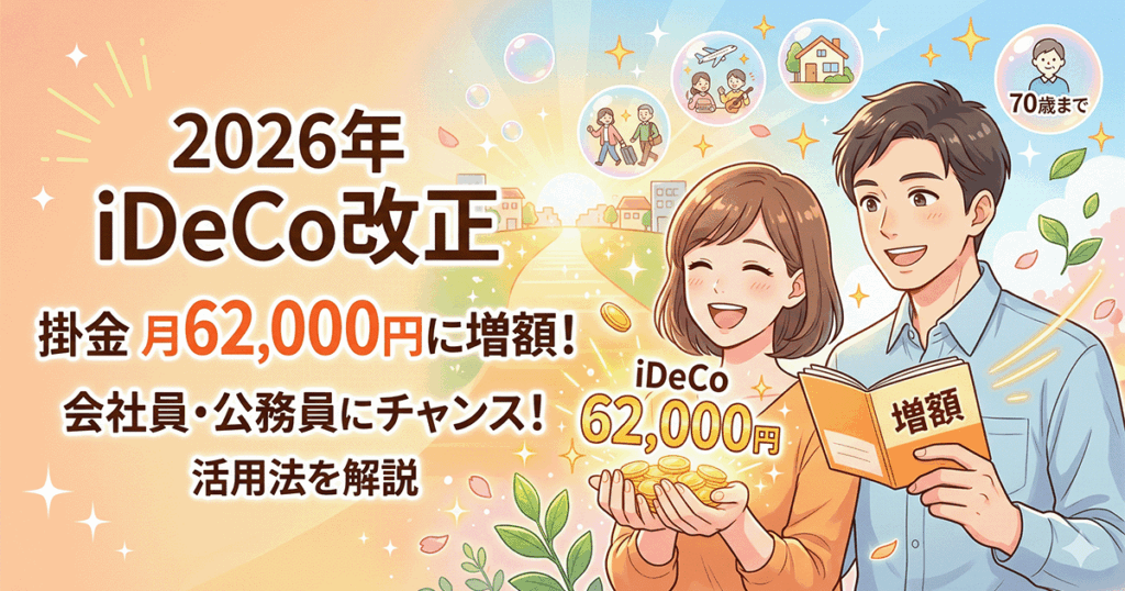 2026年のiDeCo改正で掛金上限が月額62,000円に増額されることを喜ぶ会社員・公務員夫婦のイラスト