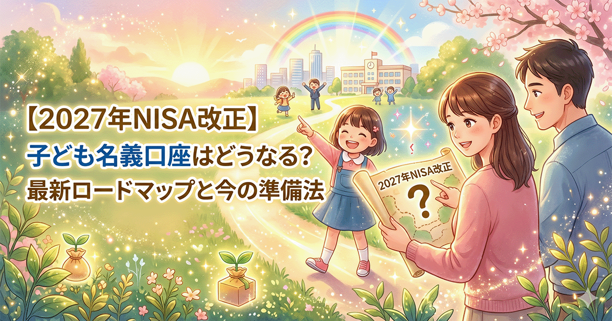 【2027年NISA改正】子ども名義口座の最新ロードマップと今の準備法について、笑顔の家族が未来の計画を見据えているイラスト調のアイキャッチ画像