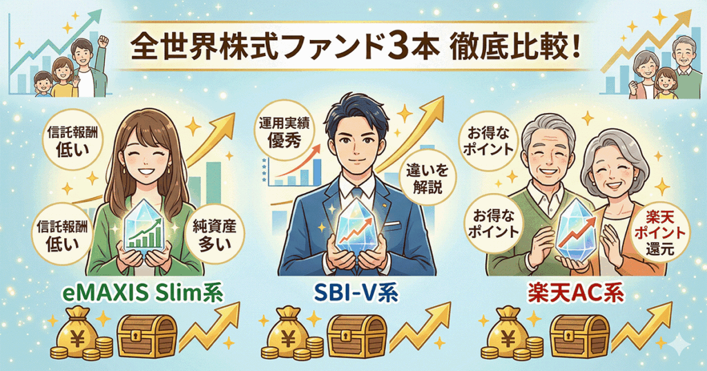 「eMAXIS Slim、SBI-V、楽天オールカントリーの全世界株式ファンド3本を比較するアイキャッチ画像」