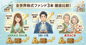 「eMAXIS Slim、SBI-V、楽天オールカントリーの全世界株式ファンド3本を比較するアイキャッチ画像」