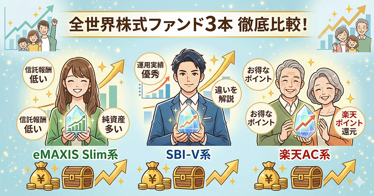 「eMAXIS Slim、SBI-V、楽天オールカントリーの全世界株式ファンド3本を比較するアイキャッチ画像」