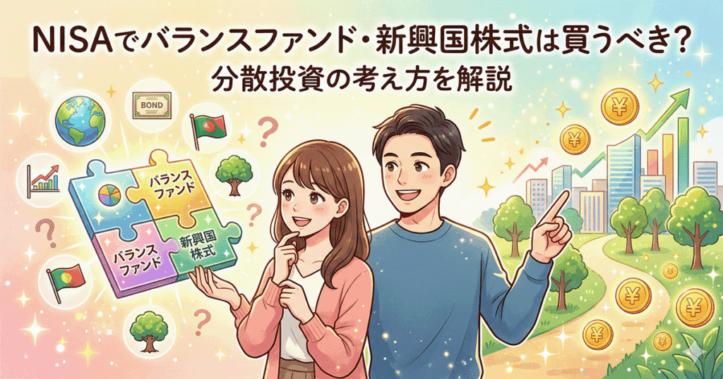 NISAでの分散投資について考える若い男女のイラスト。「NISAでバランスファンド・新興国株式は買うべき？分散投資の考え方を解説」という文字と、バランスファンドや新興国株式を表すパズル、右肩上がりのグラフや明るい未来の街並みが描かれています。