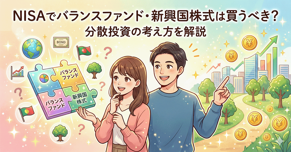 NISAでの分散投資について考える若い男女のイラスト。「NISAでバランスファンド・新興国株式は買うべき？分散投資の考え方を解説」という文字と、バランスファンドや新興国株式を表すパズル、右肩上がりのグラフや明るい未来の街並みが描かれています。
