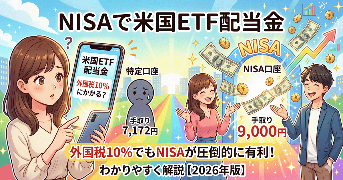 NISAでの米国ETF配当金にかかる外国税10%の疑問と、特定口座（手取り7,172円）と比較してNISA（手取り9,000円）が有利であることを示す解説イラスト