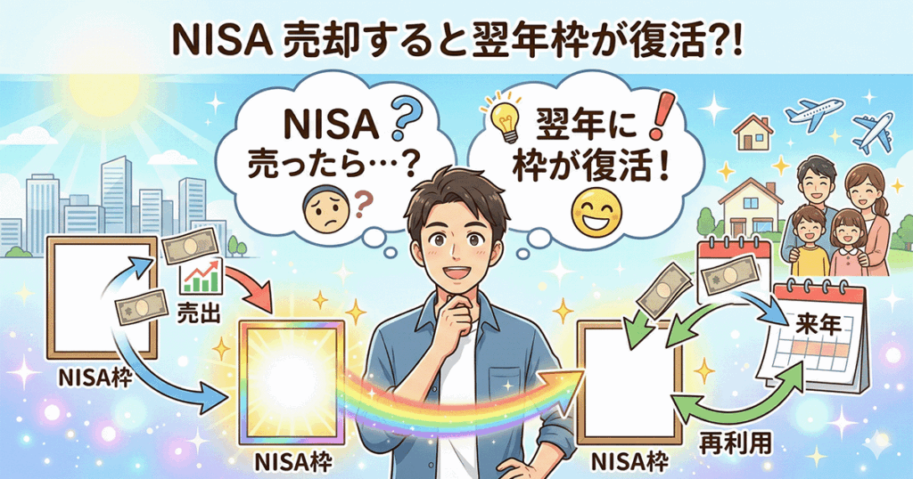NISAで保有商品を売却すると翌年に非課税枠が復活する仕組みを表現したアイキャッチイラスト