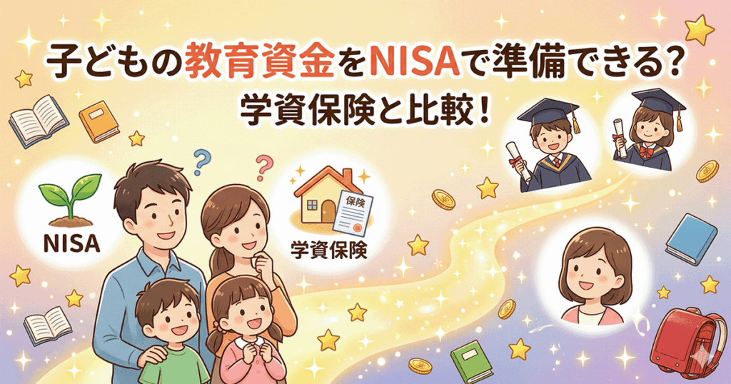 日本人の幸せな親子が未来の教育資金について、NISAと学資保険のどちらを選ぶか迷っている様子を描いたイラスト。上部に「子どもの教育資金をNISAで準備できる？」の文字。