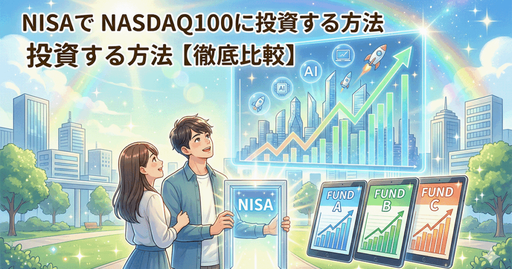 NISAを活用してNASDAQ100に投資する未来を見据える若い夫婦と、3つの投資信託（ファンド）の成長グラフを比較しているイラスト。