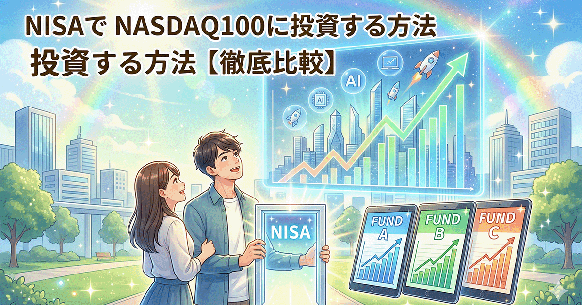NISAを活用してNASDAQ100に投資する未来を見据える若い夫婦と、3つの投資信託（ファンド）の成長グラフを比較しているイラスト。