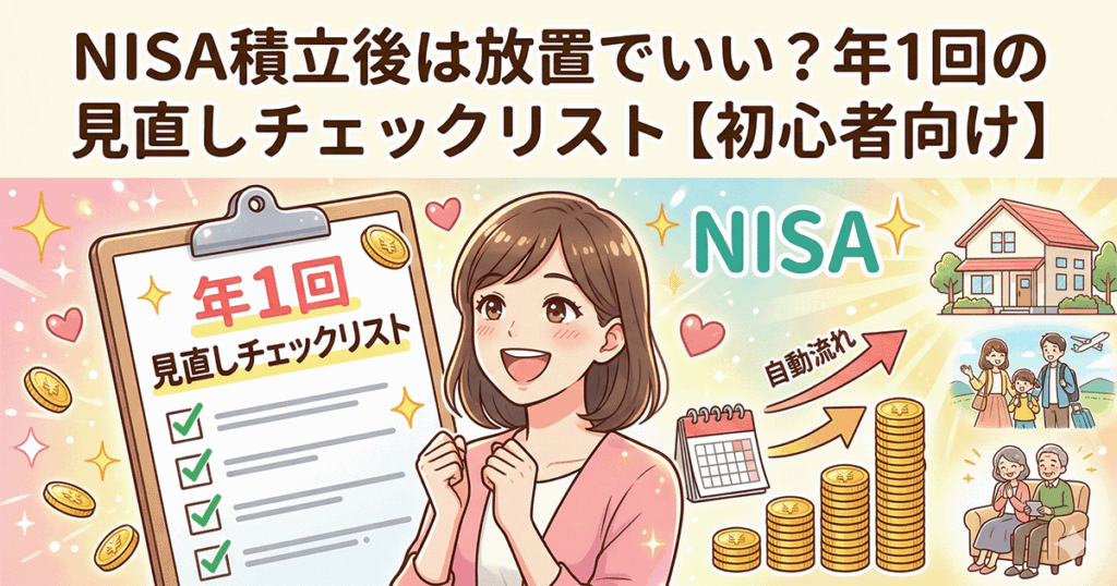 NISA積立後は放置でいい？年1回の見直しチェックリスト【初心者向け】 ※アイキャッチ画像の場合、記事タイトルをそのまま入れるのが最もシンプルでSEO効果も高い定番の手法です。