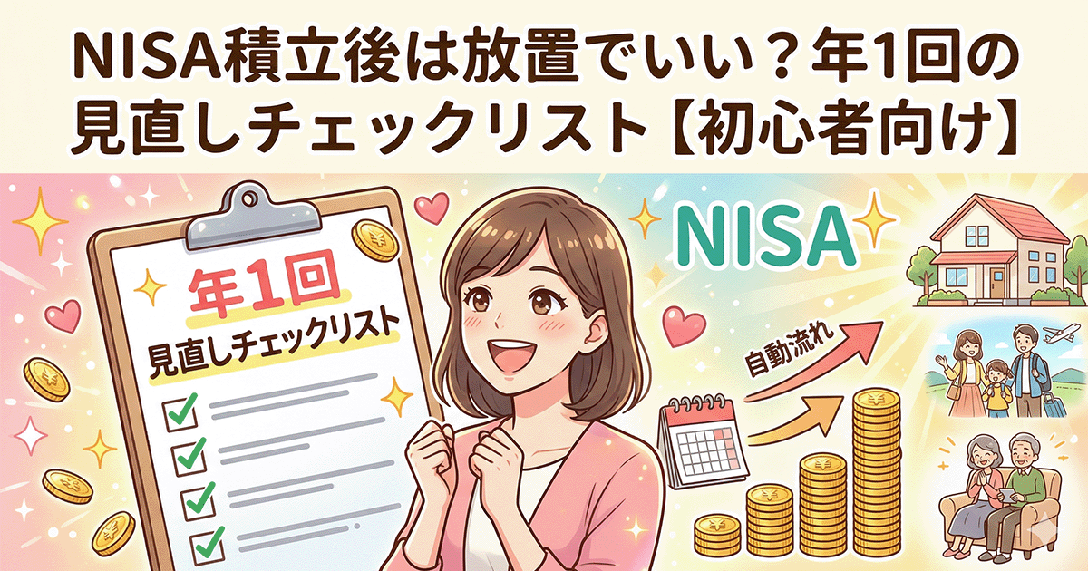 NISA積立後は放置でいい？年1回の見直しチェックリスト【初心者向け】 ※アイキャッチ画像の場合、記事タイトルをそのまま入れるのが最もシンプルでSEO効果も高い定番の手法です。