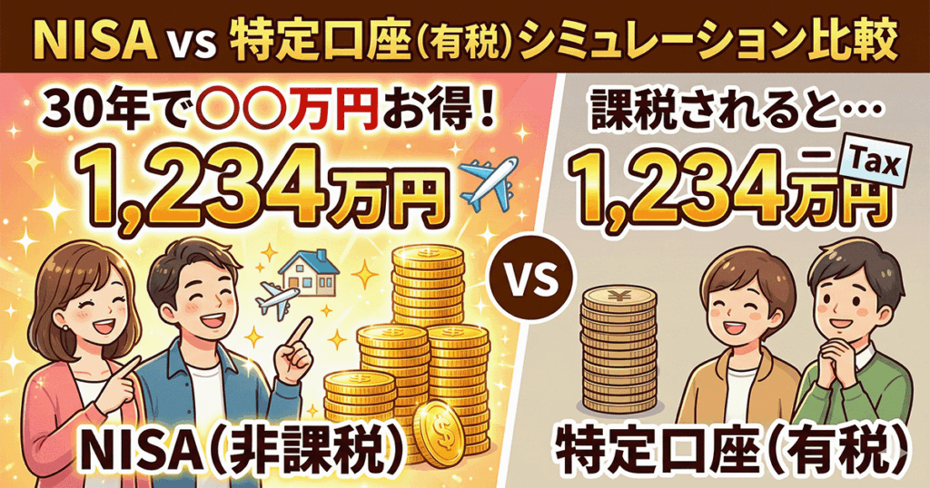 NISA（非課税）と特定口座（有税）の30年後のシミュレーション差額を比較したイラスト。NISA側には笑顔の夫婦と輝くたくさんのコインが描かれ、非課税のメリットが表現されています。