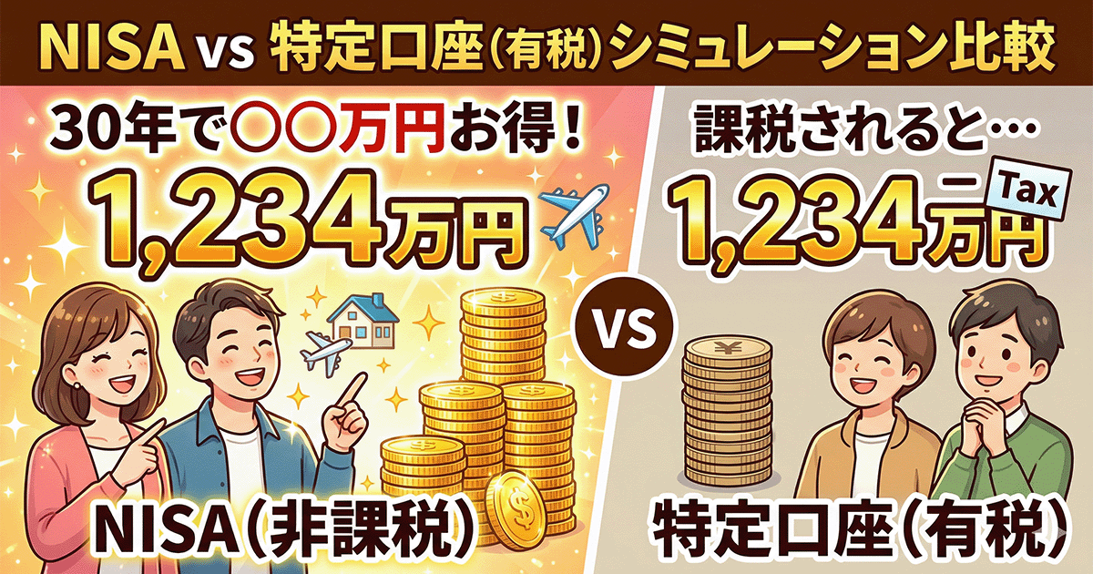 NISA（非課税）と特定口座（有税）の30年後のシミュレーション差額を比較したイラスト。NISA側には笑顔の夫婦と輝くたくさんのコインが描かれ、非課税のメリットが表現されています。