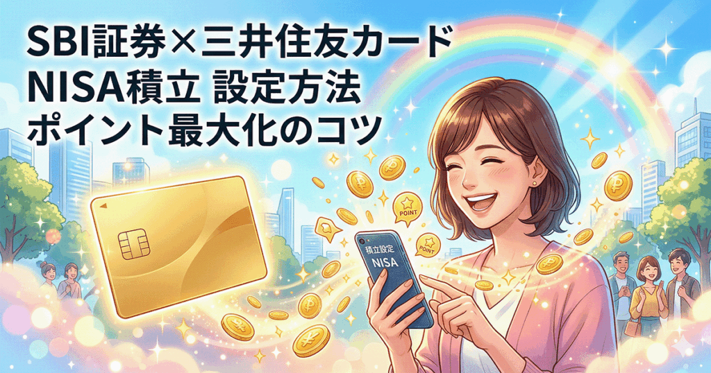 SBI証券と三井住友カードを使ったNISAのクレカ積立設定で、ポイントを貯めて喜ぶ女性のイラスト。画像内テキスト「SBI証券×三井住友カード NISA積立 設定方法 ポイント最大化のコツ」