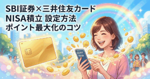 SBI証券と三井住友カードを使ったNISAのクレカ積立設定で、ポイントを貯めて喜ぶ女性のイラスト。画像内テキスト「SBI証券×三井住友カード NISA積立 設定方法 ポイント最大化のコツ」