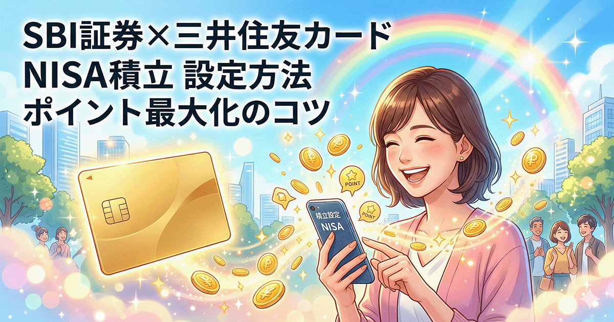 SBI証券と三井住友カードを使ったNISAのクレカ積立設定で、ポイントを貯めて喜ぶ女性のイラスト。画像内テキスト「SBI証券×三井住友カード NISA積立 設定方法 ポイント最大化のコツ」