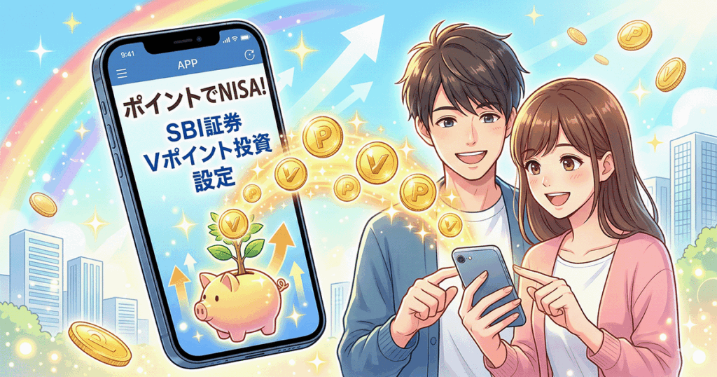 SBI証券でVポイントを使ってNISAに投資する方法を解説するブログ用アイキャッチ画像。明るいイラストで、日本人カップルがスマートフォンでポイントをNISA口座（貯金箱と木）に投資し、成長する様子が描かれている。