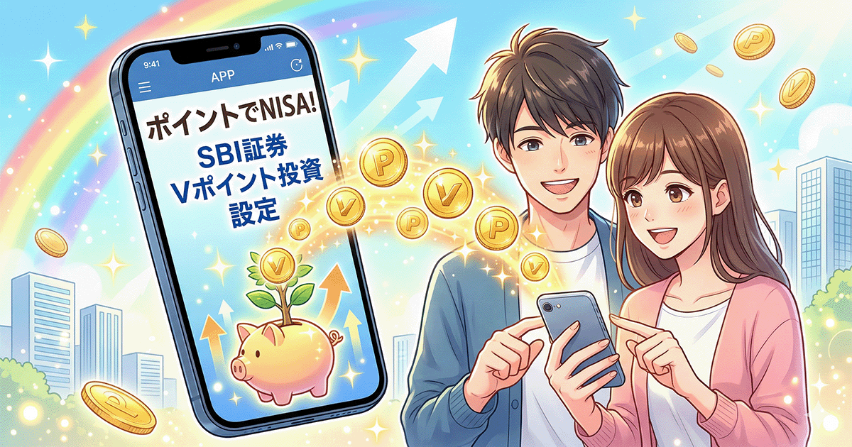 SBI証券でVポイントを使ってNISAに投資する方法を解説するブログ用アイキャッチ画像。明るいイラストで、日本人カップルがスマートフォンでポイントをNISA口座（貯金箱と木）に投資し、成長する様子が描かれている。