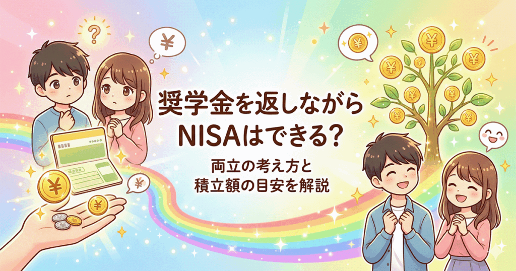「奨学金を返しながらNISAはできる？両立の考え方と積立額の目安を解説」と書かれた、通帳を見て悩む若者とお金が育つ明るい未来を想像して笑顔になる男女のイラスト