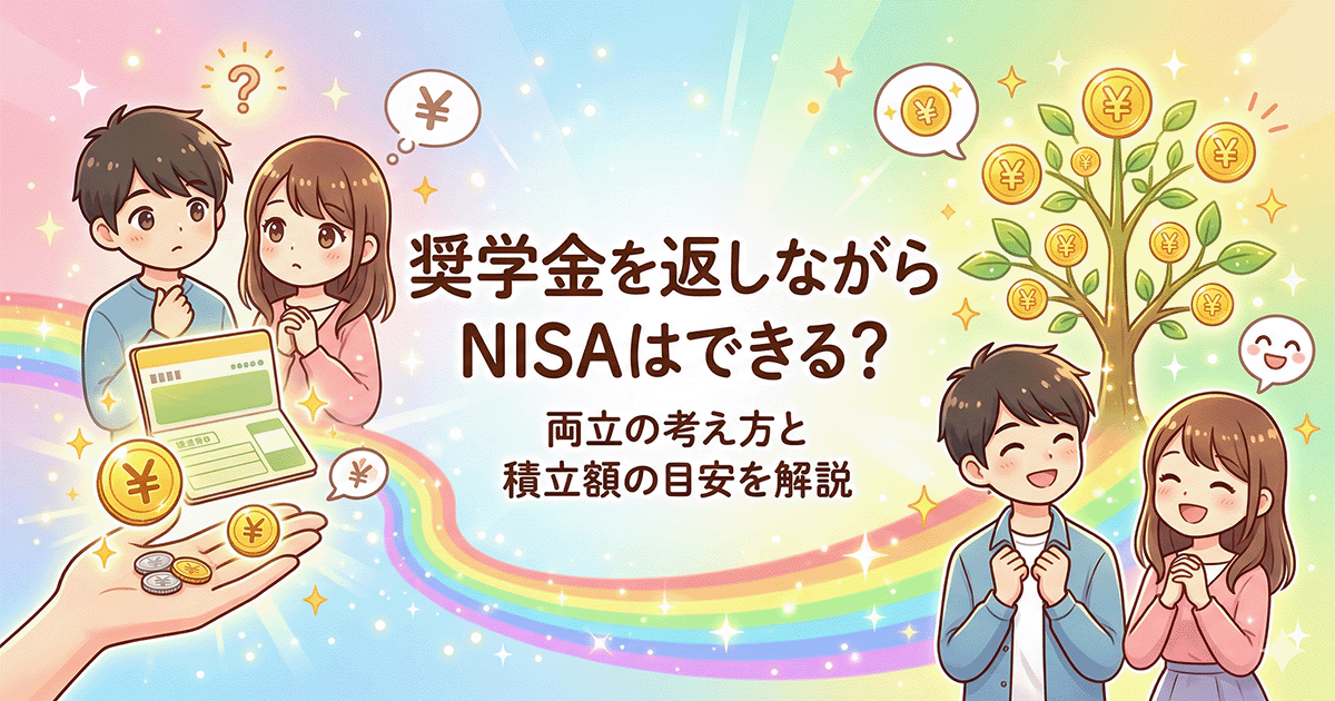 「奨学金を返しながらNISAはできる？両立の考え方と積立額の目安を解説」と書かれた、通帳を見て悩む若者とお金が育つ明るい未来を想像して笑顔になる男女のイラスト