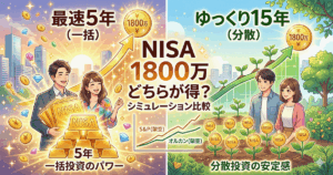 NISA1800万円枠を最速5年で埋めるvsゆっくり15年の比較イメージ。男性と女性が投資プランを検討するイラスト