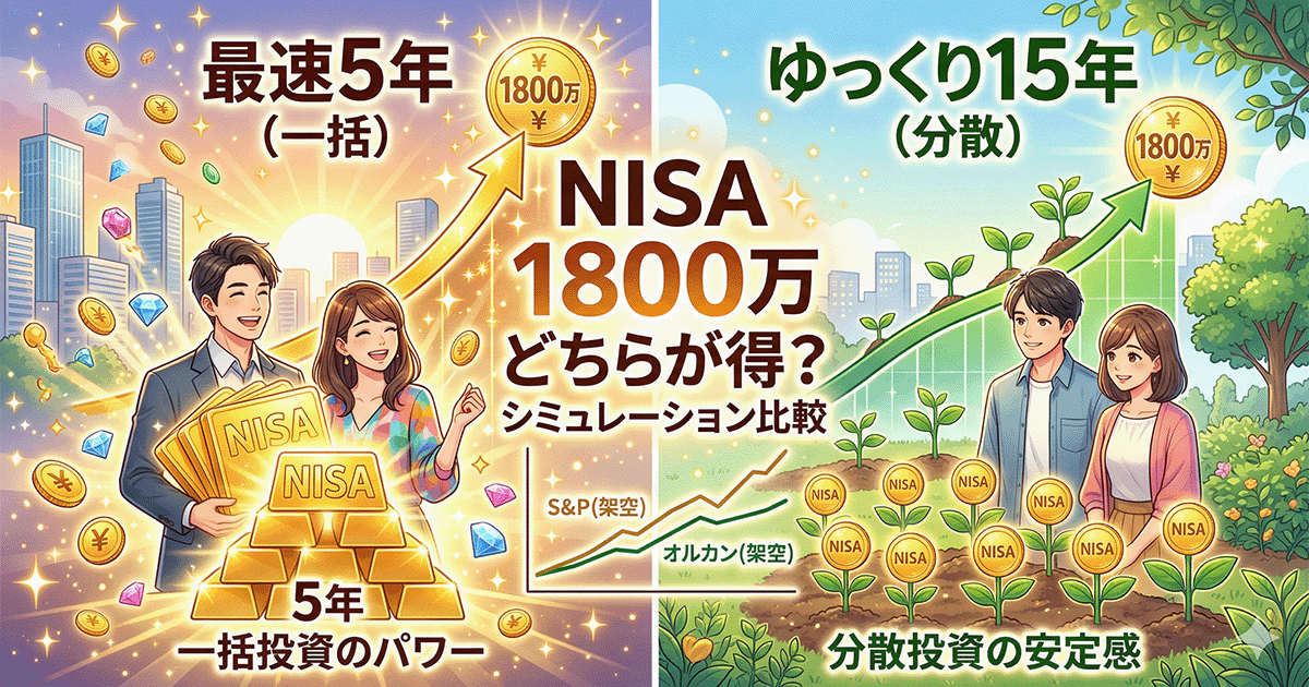 NISA1800万円枠を最速5年で埋めるvsゆっくり15年の比較イメージ。男性と女性が投資プランを検討するイラスト
