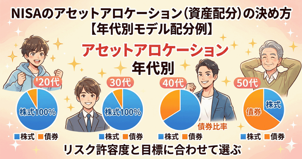 NISAの資産配分（アセットアロケーション）を年代別に解説するイラスト。20代・30代・40代・50代の円グラフと各年代の人物が描かれている