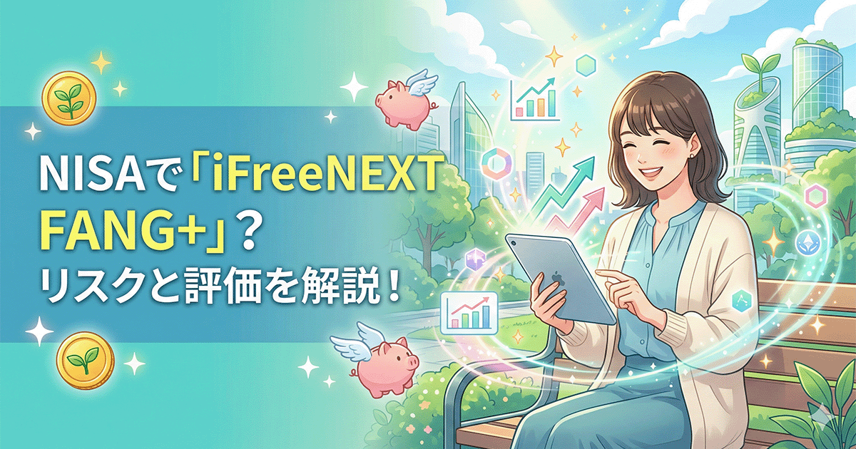 NISAでiFreeNEXT FANG+インデックスを検討する女性のイラスト。タブレットを持ち、上昇チャートやテクノロジー企業をイメージするアイコンに囲まれている