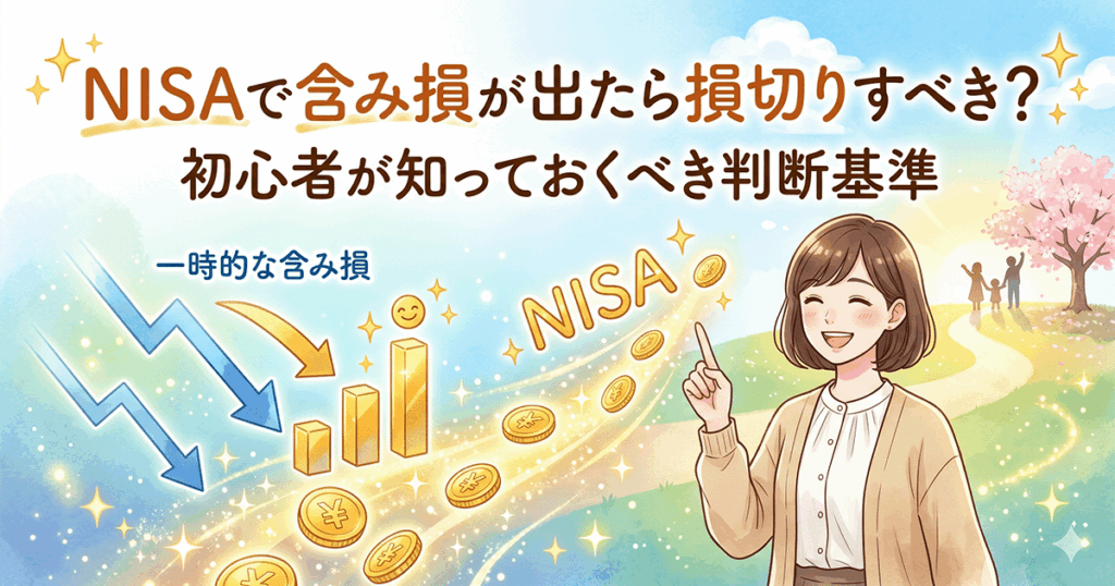NISAの含み損で損切りすべきか判断するイメージ。一時的な下落チャートから明るい未来への道を示す女性のイラスト
