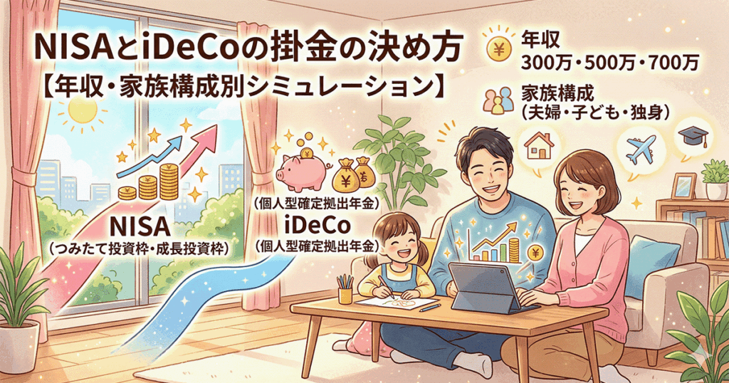 NISAとiDeCoの掛金の決め方を解説するイラスト。家族がパソコンでシミュレーションしている様子と年収・家族構成別の情報が描かれている