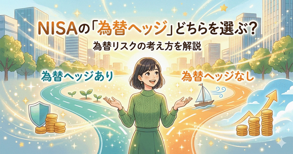 NISAの為替ヘッジあり・なしの違いを比較するイラスト。中央に女性、左に為替ヘッジあり（盾・安定）、右に為替ヘッジなし（上昇矢印・成長）が描かれている