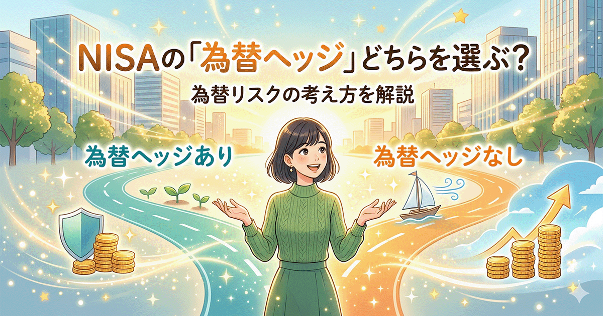 NISAの為替ヘッジあり・なしの違いを比較するイラスト。中央に女性、左に為替ヘッジあり（盾・安定）、右に為替ヘッジなし（上昇矢印・成長）が描かれている