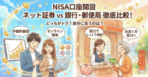NISA口座をどこで開くべきか、ネット証券と銀行・郵便局のメリット・デメリットを比較するイラスト