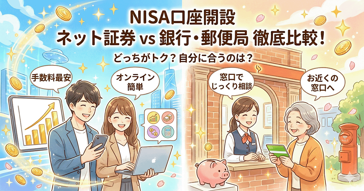 NISA口座をどこで開くべきか、ネット証券と銀行・郵便局のメリット・デメリットを比較するイラスト