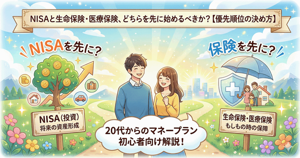 NISAと生命保険・医療保険のどちらを先に始めるべきかを比較するイラスト。左にNISA（投資・資産形成）、右に保険（万が一の保障）、中央に悩む若い男女が描かれている