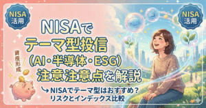 NISAでテーマ型投資信託（AI・半導体・ESG）を買うべきかを解説するイラスト。テクノロジーや環境をイメージするアイコンと考える女性が描かれている