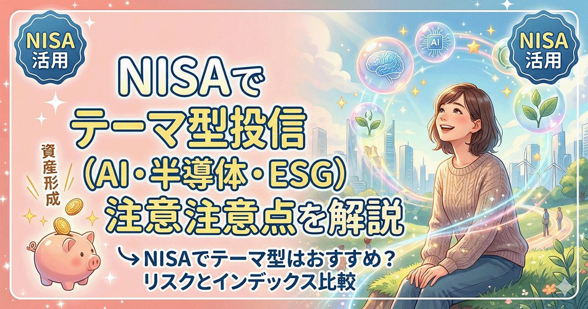 NISAでテーマ型投資信託（AI・半導体・ESG）を買うべきかを解説するイラスト。テクノロジーや環境をイメージするアイコンと考える女性が描かれている
