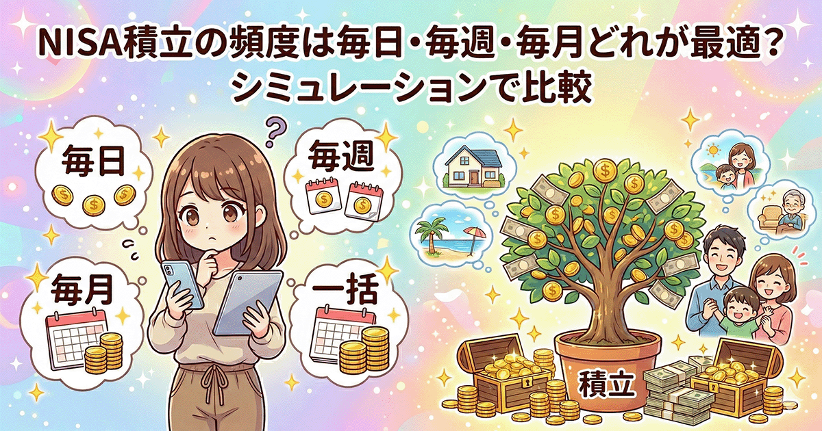 NISAの積立頻度（毎日・毎週・毎月）のどれが最適かを悩む女性と、将来の明るい資産形成を象徴するイラスト。NISA積立シミュレーション比較記事のアイキャッチ画像。