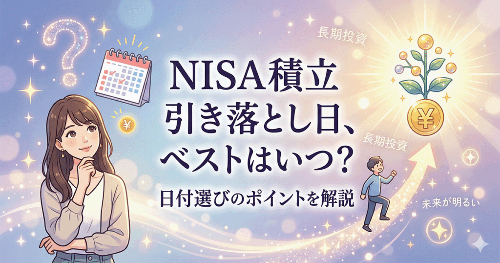 NISAの積立引き落とし日の選び方のイメージ。カレンダーの25日と積立の文字、笑顔で指差す女性のイラスト