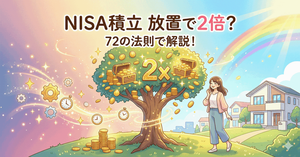 NISAの積立を放置して72の法則で資産が2倍になるイメージ。お金の木と「2×」の文字、笑顔の女性と虹のあるイラスト