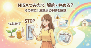 NISAのつみたてをやめたい・解約したい場合の手順と注意点のイメージ。やめる前の確認ポイントと明るい未来を示す女性のイラスト